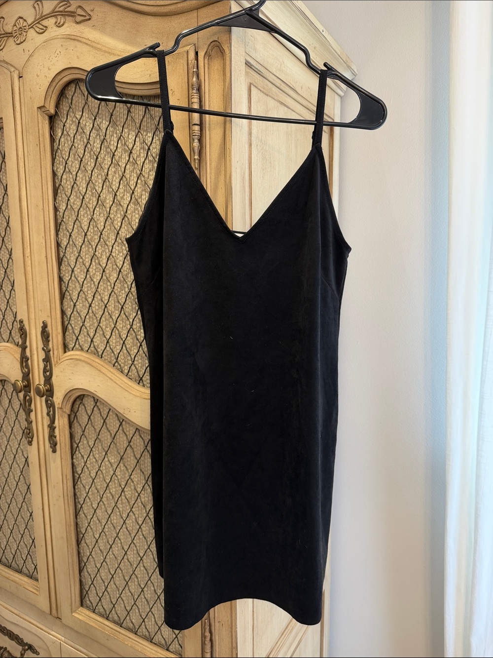 Classic Black Suede Slip Dress with V-Neck